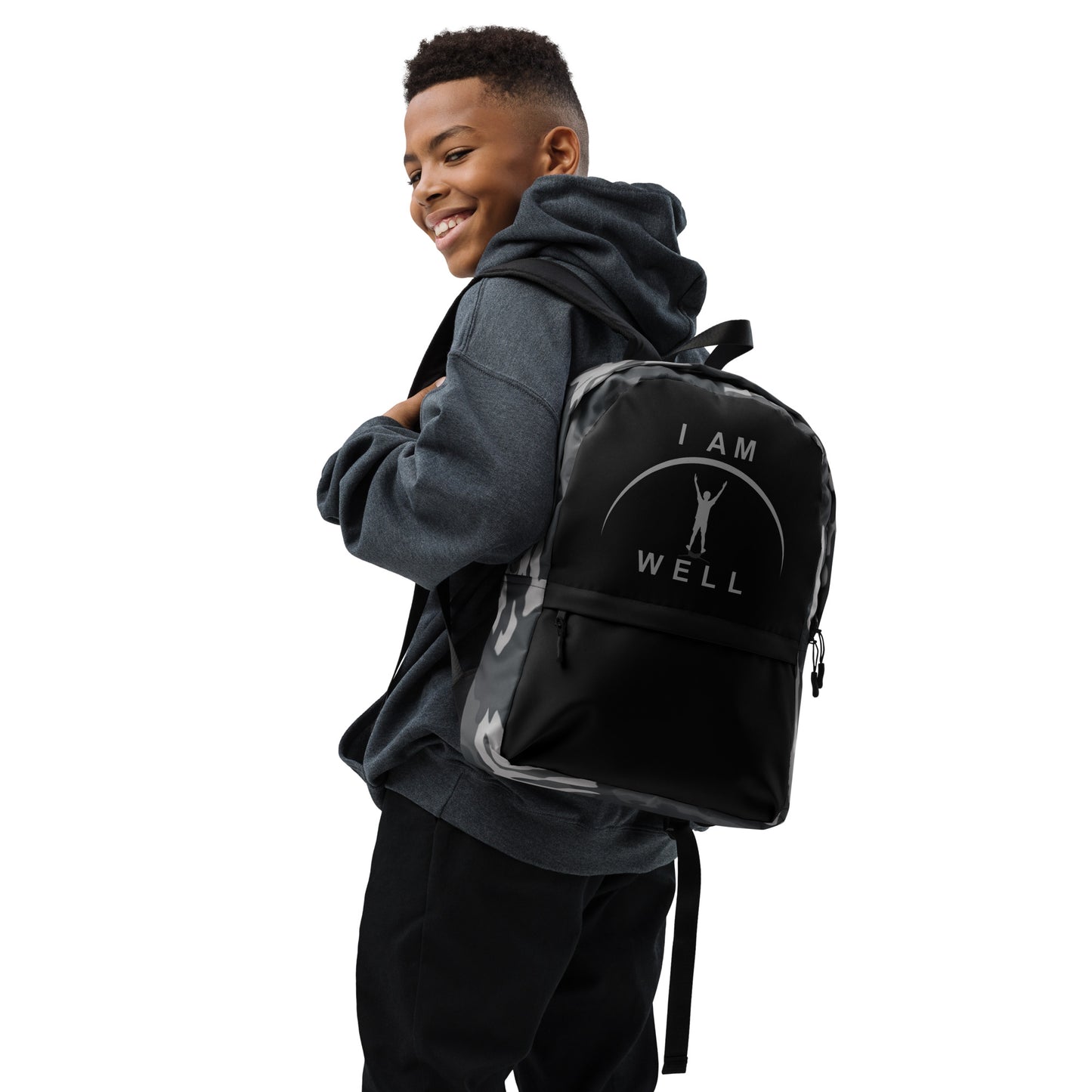 I AM WELL Backpack - Black and Grey Multi-Cam w/ Grey and Black Logos - Young Man