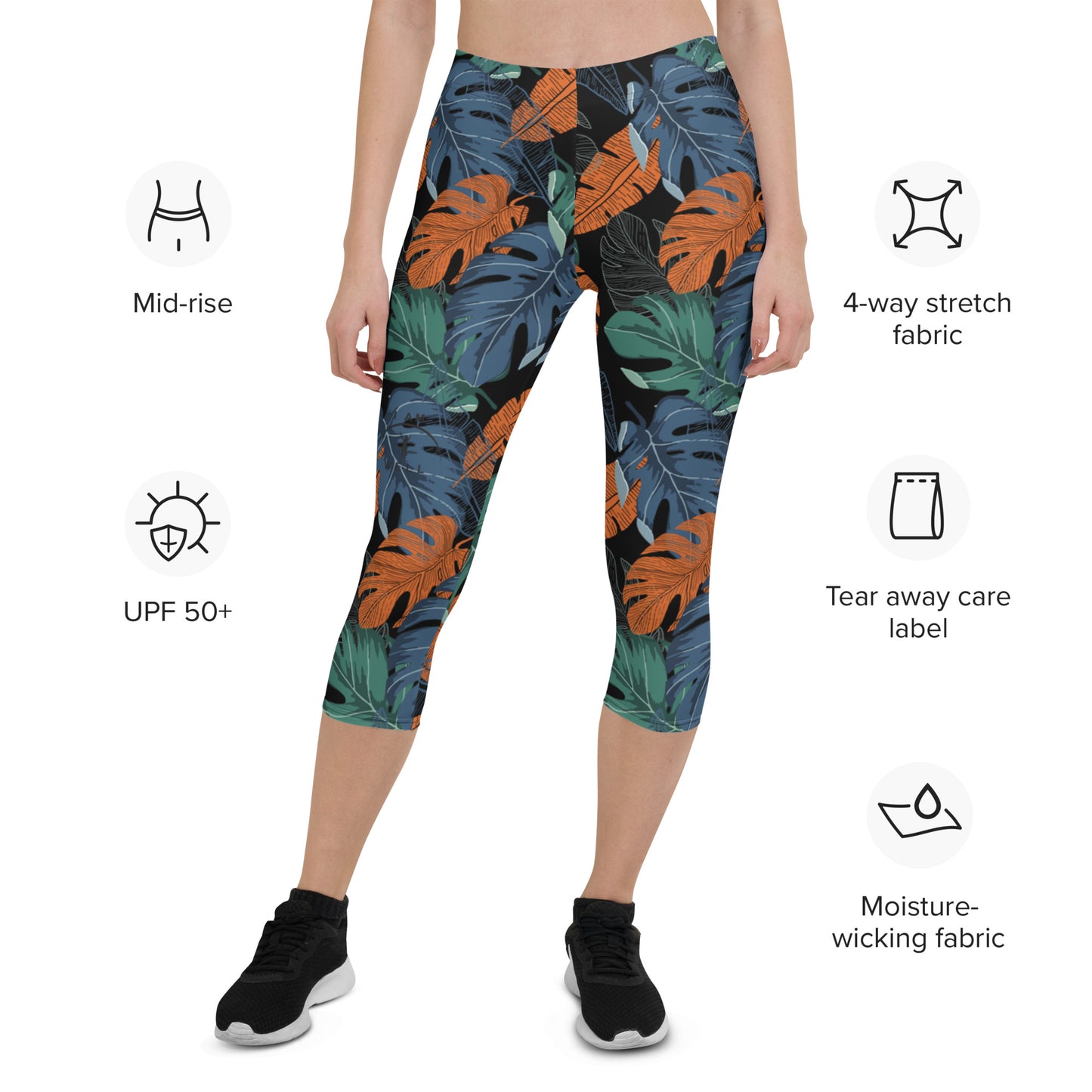 I AM WELL Women's Capri Leggings Tropical Leaves w/ Black Logo