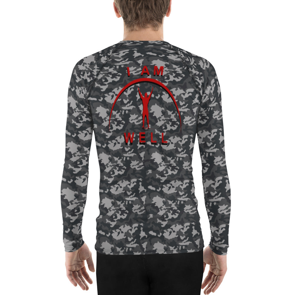 I AM WELL Men's Rash Guard - Midnight Camo w/ Red Logo, Strong & Courageous