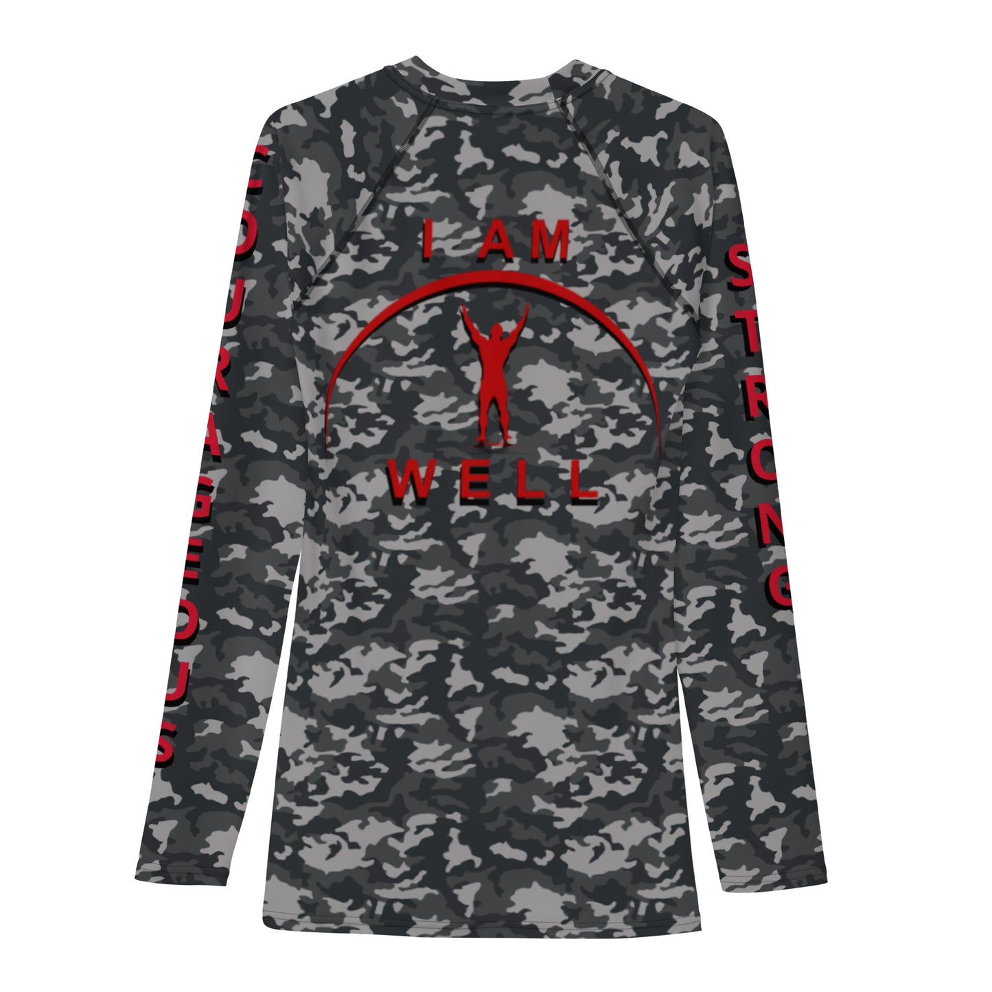 I AM WELL Men's Rash Guard - Midnight Camo w/ Red Logo, Strong & Courageous