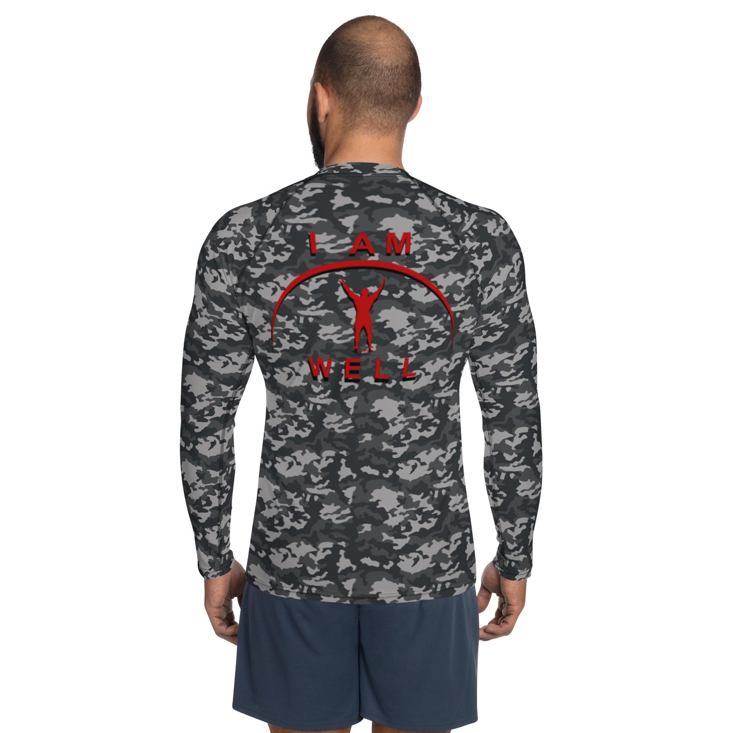 I AM WELL Men's Rash Guard - Midnight Camo w/ Red Logo, Strong & Courageous