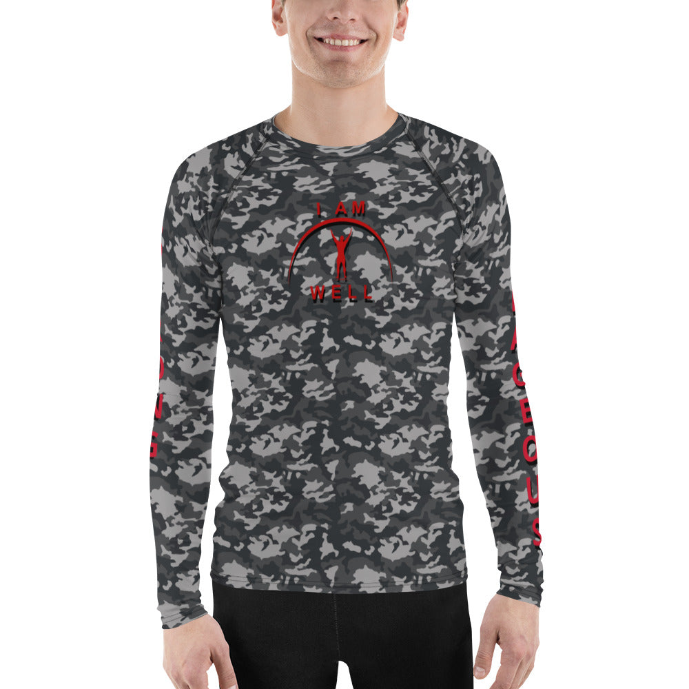 I AM WELL Men's Rash Guard - Midnight Camo w/ Red Logo, Strong & Courageous