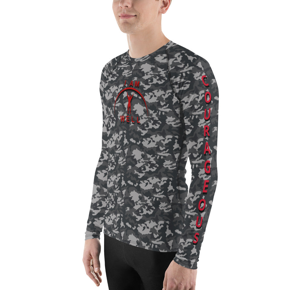 I AM WELL Men's Rash Guard - Midnight Camo w/ Red Logo, Strong & Courageous
