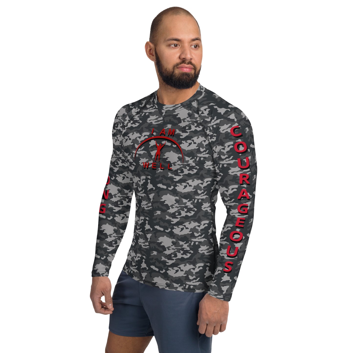 I AM WELL Men's Rash Guard - Midnight Camo w/ Red Logo, Strong & Courageous
