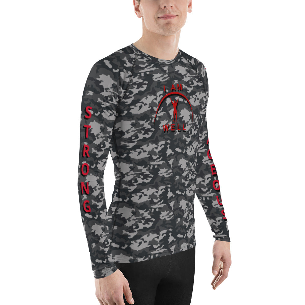 I AM WELL Men's Rash Guard - Midnight Camo w/ Red Logo, Strong & Courageous