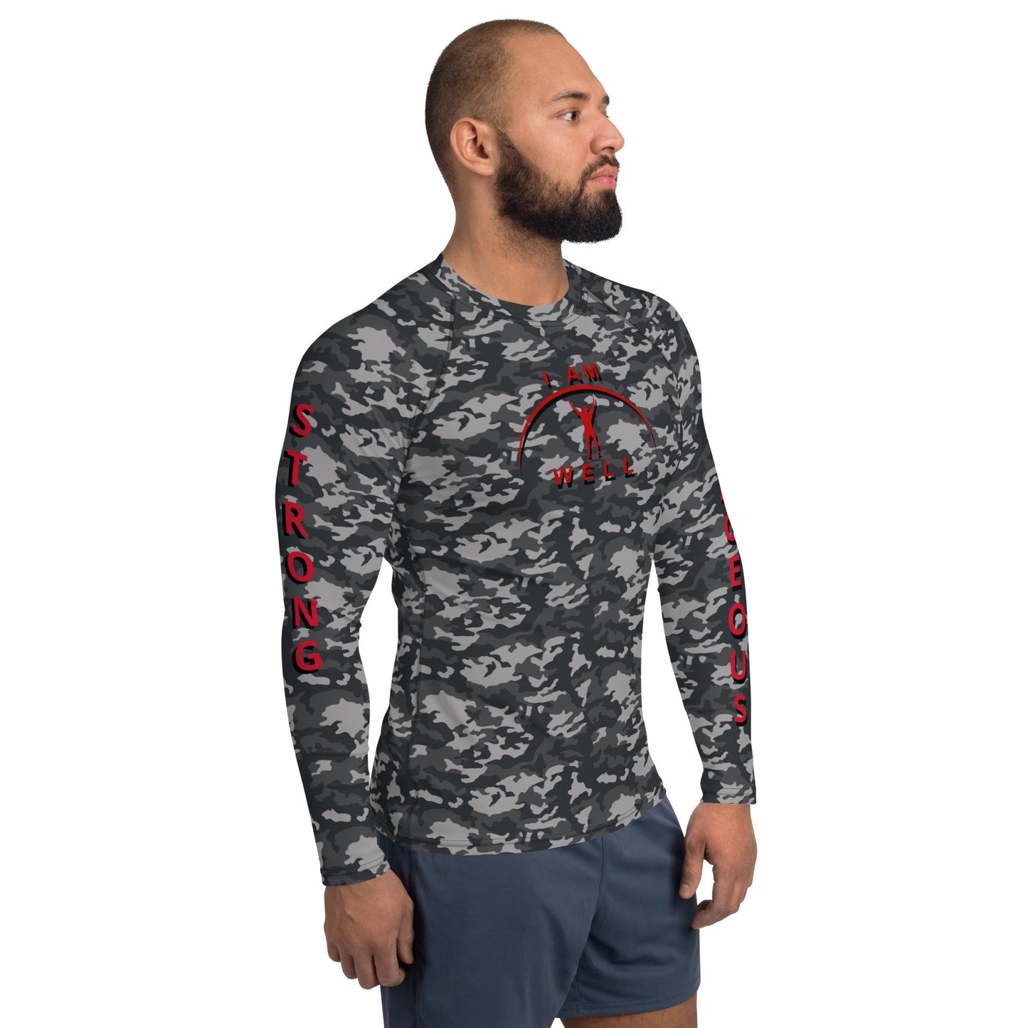 I AM WELL Men's Rash Guard - Midnight Camo w/ Red Logo, Strong & Courageous
