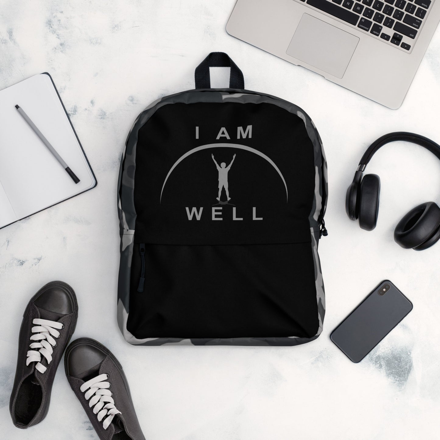 I AM WELL Backpack - Black and Grey Multi-Cam w/ Grey and Black Logos - Young Man