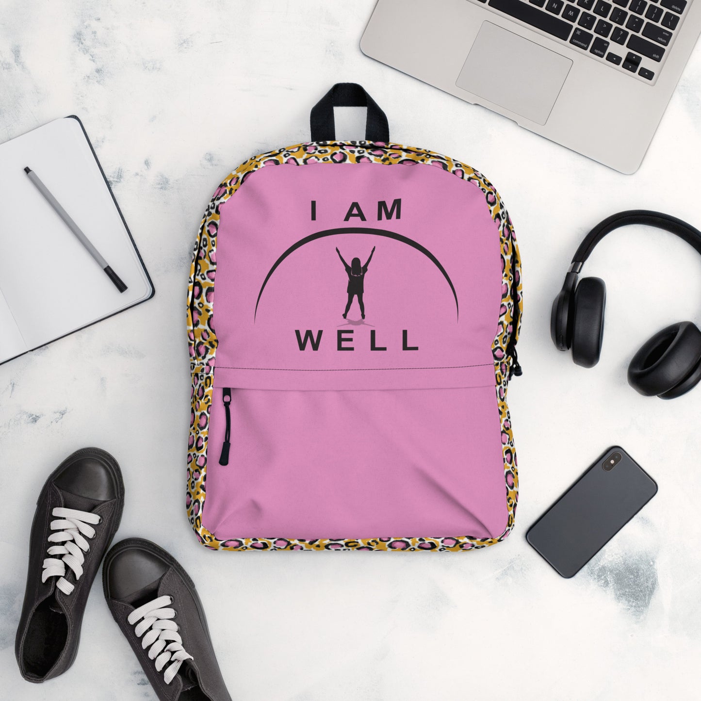 I AM WELL Backpack - Pink Cheetah w/ Black Logo - Young Lady