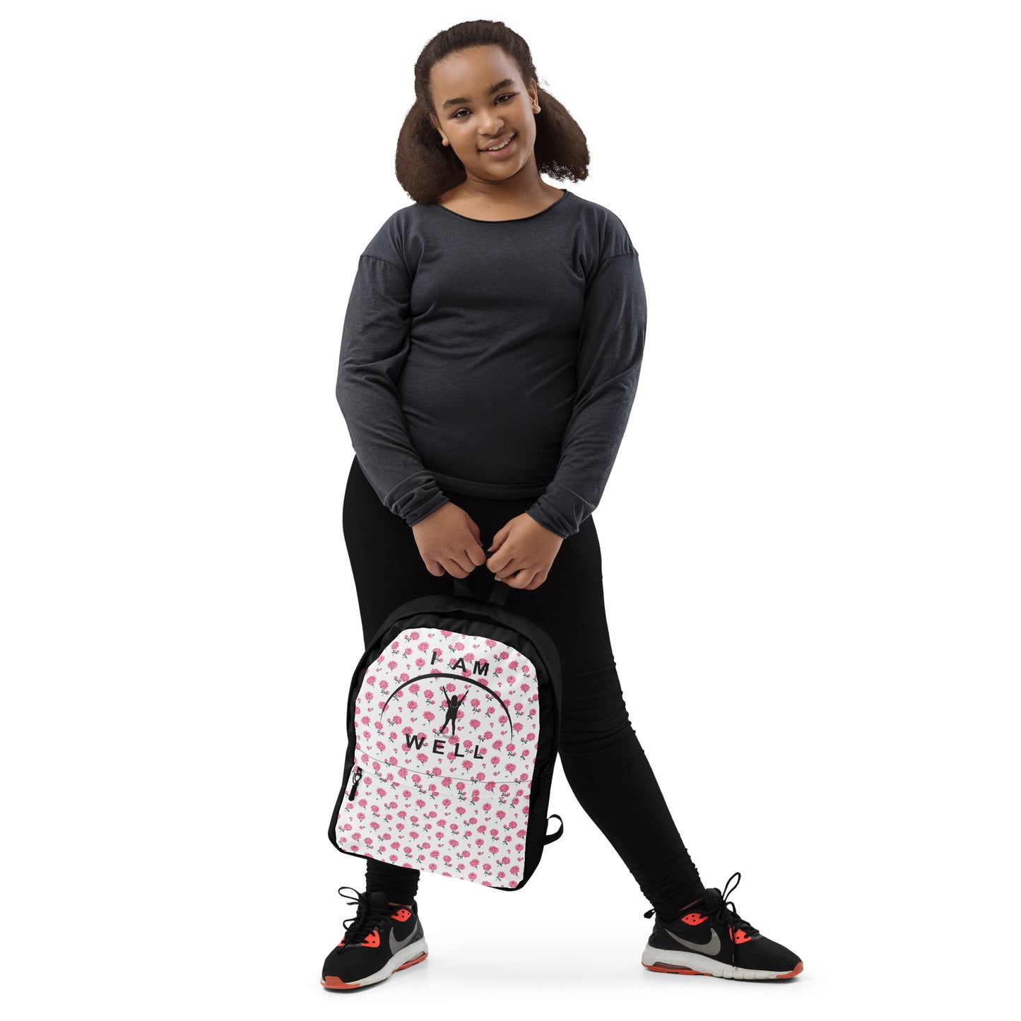 I AM WELL Backpack - Pink Roses w/ Black Logo - Young Lady