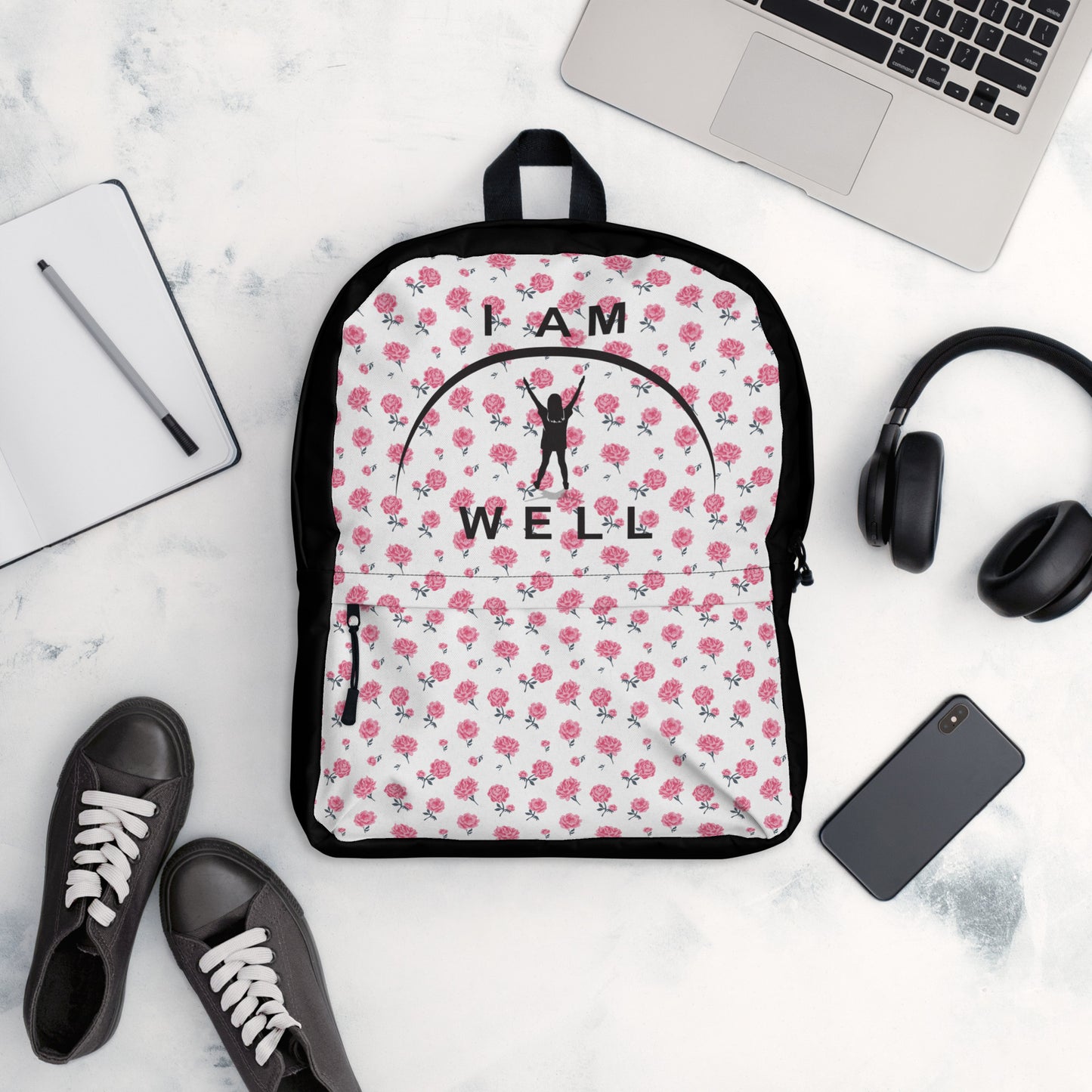 I AM WELL Backpack - Pink Roses w/ Black Logo - Young Lady