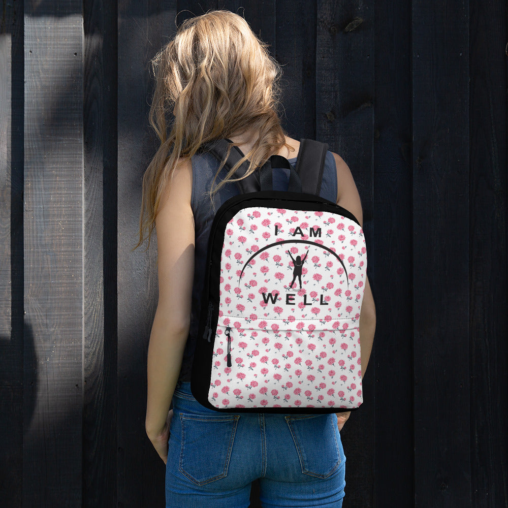 I AM WELL Backpack - Pink Roses w/ Black Logo - Young Lady