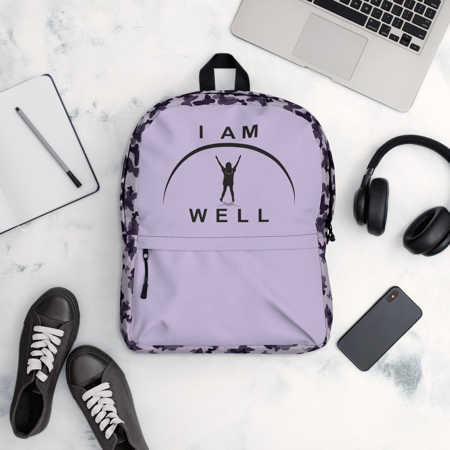 I AM WELL Backpack - Purple Butterflies w/ Black Logo - Young Lady