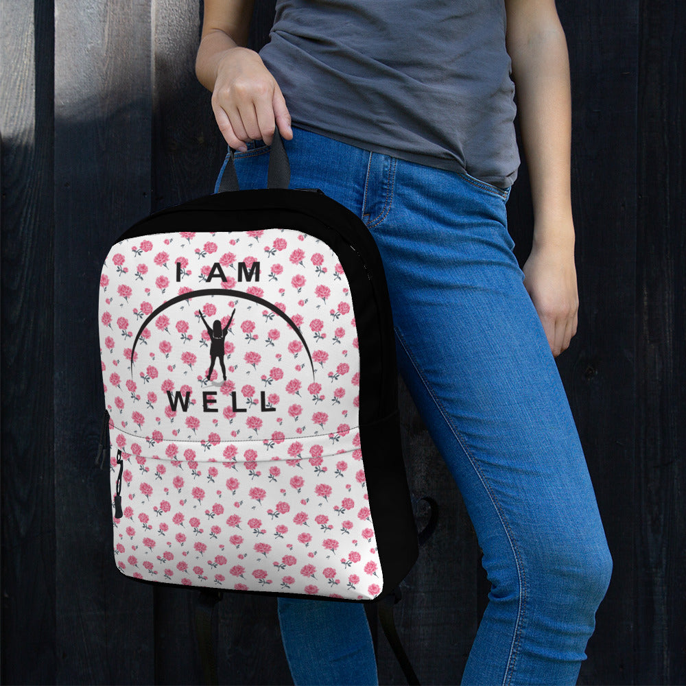 I AM WELL Backpack - Pink Roses w/ Black Logo - Young Lady