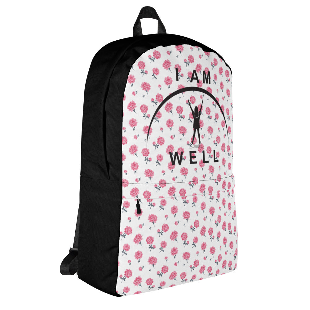 I AM WELL Backpack - Pink Roses w/ Black Logo - Young Lady