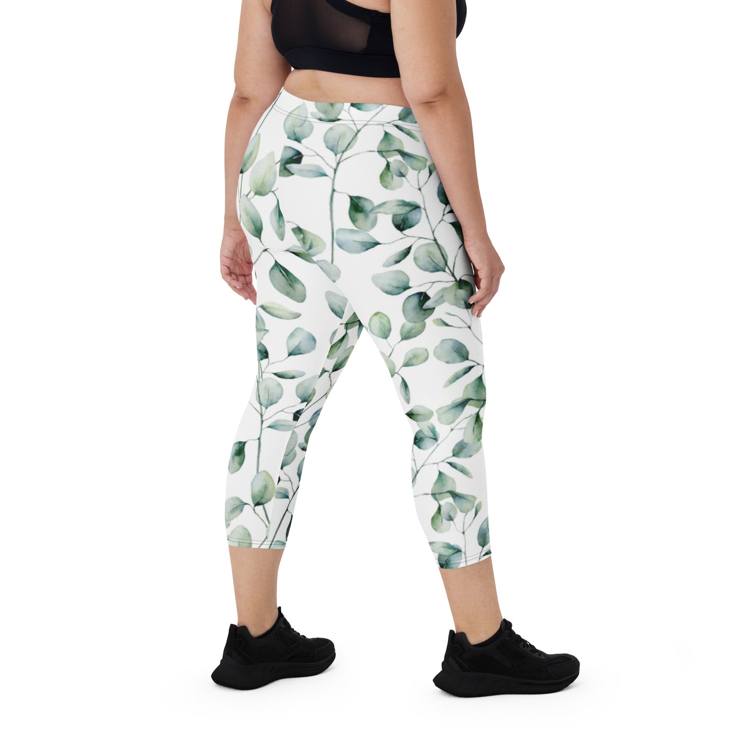 I AM WELL Women's Capri Leggings Green Leaves w/ White Logo