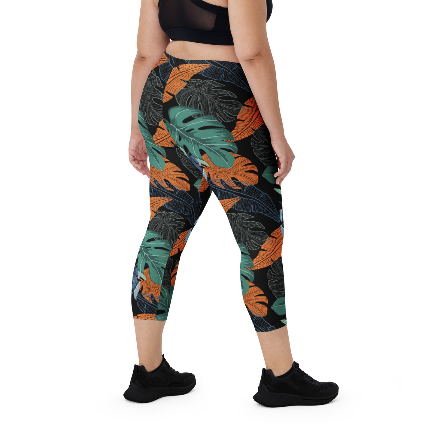 I AM WELL Women's Capri Leggings Tropical Leaves w/ Black Logo