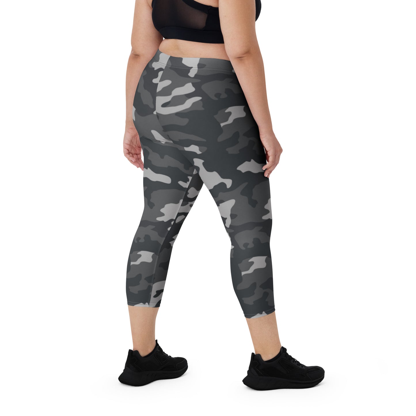 I AM WELL Women's Capri Leggings Grey Camo w/ Black Logo