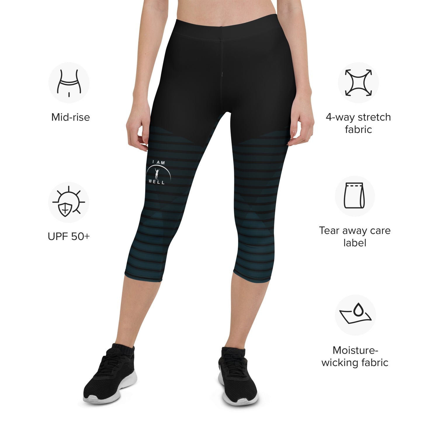 I AM WELL Women's Capri Leggings Black Pattern w/ White Logo