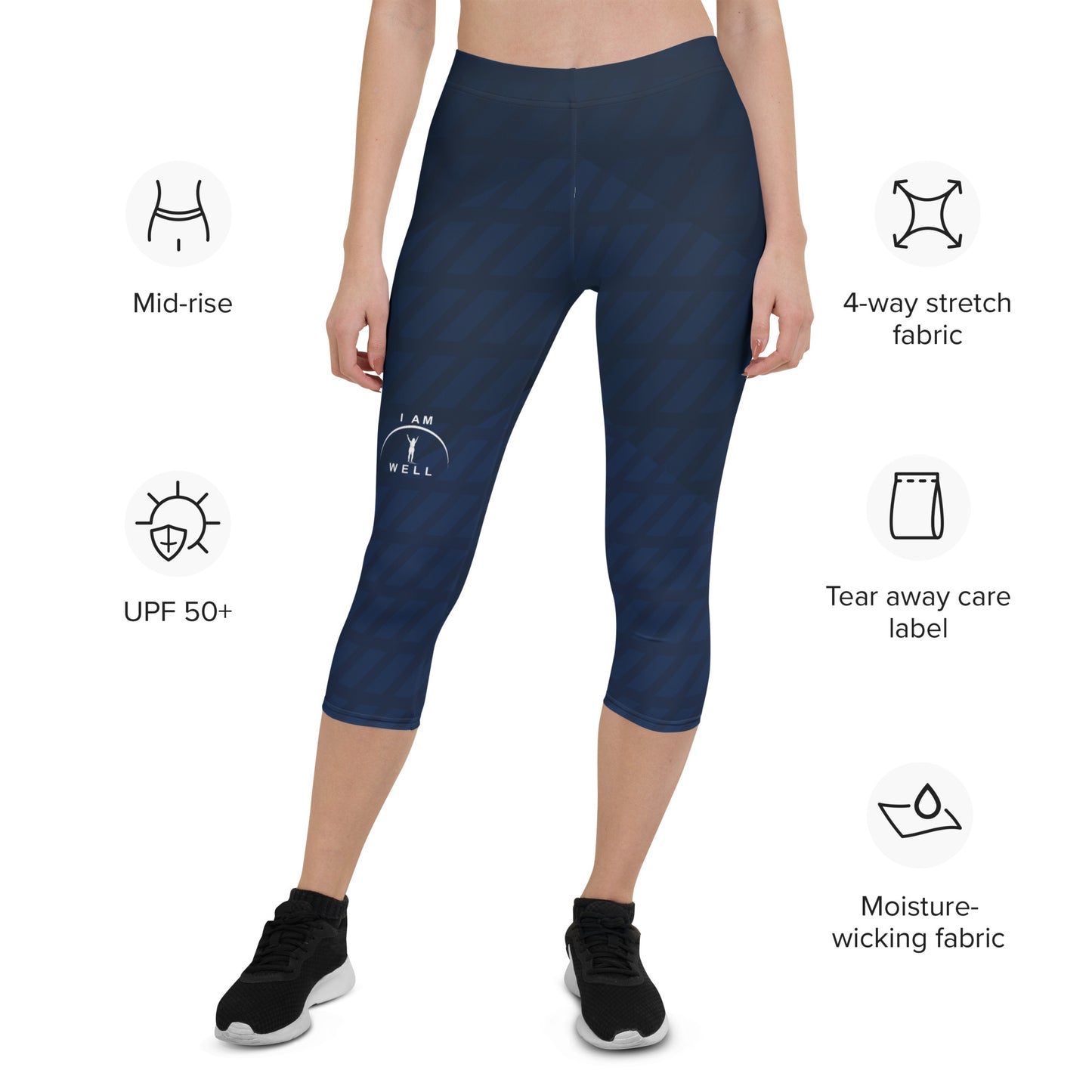 I AM WELL Women's Capri Leggings Navy Pattern w/ White Logo