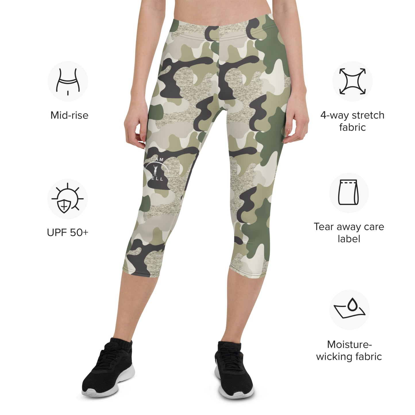 I AM WELL Women's Capri Leggings Green Camo w/ White Logo