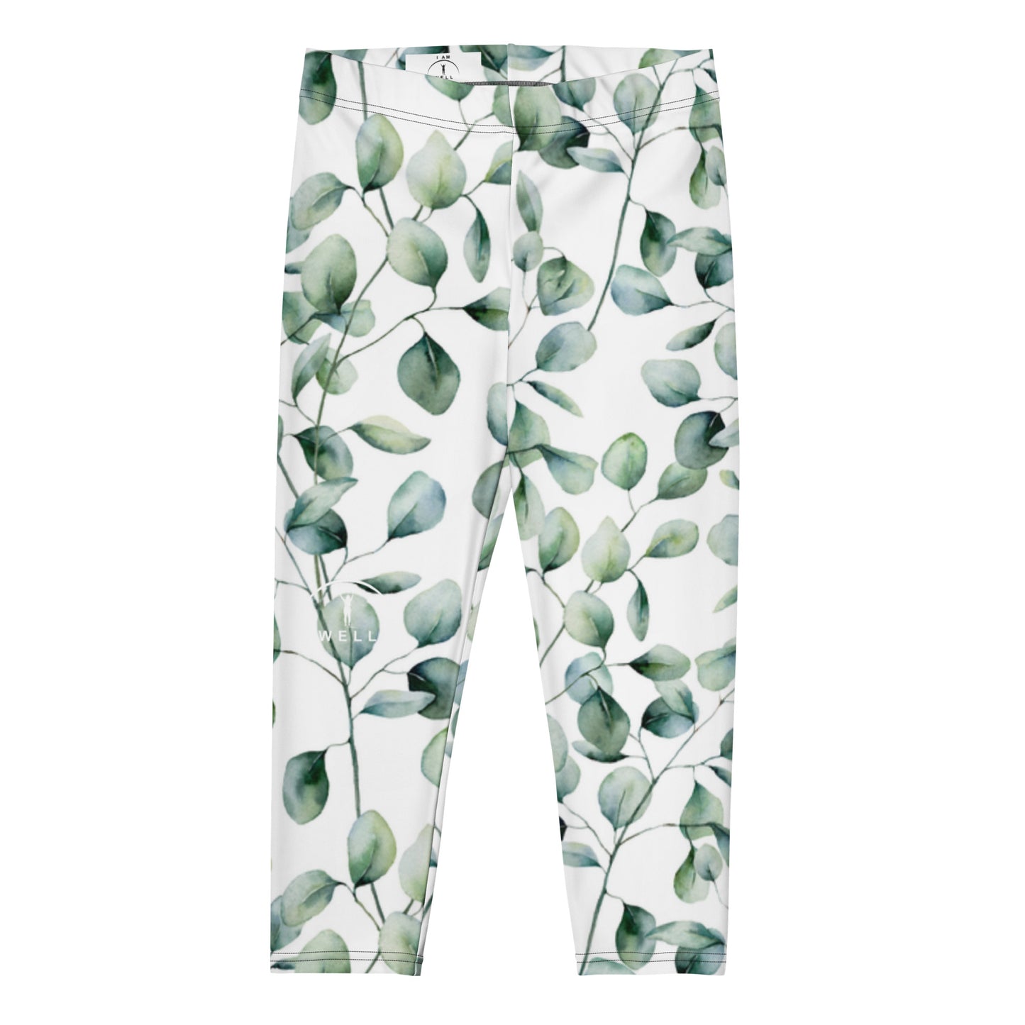 I AM WELL Women's Capri Leggings Green Leaves w/ White Logo