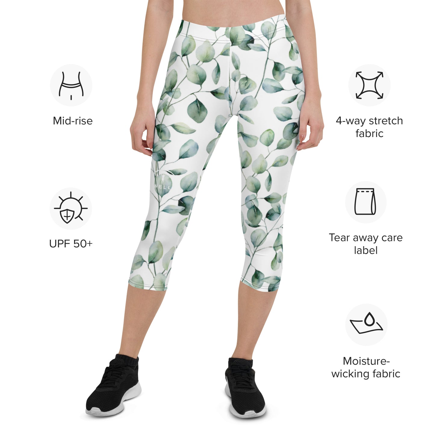 I AM WELL Women's Capri Leggings Green Leaves w/ White Logo