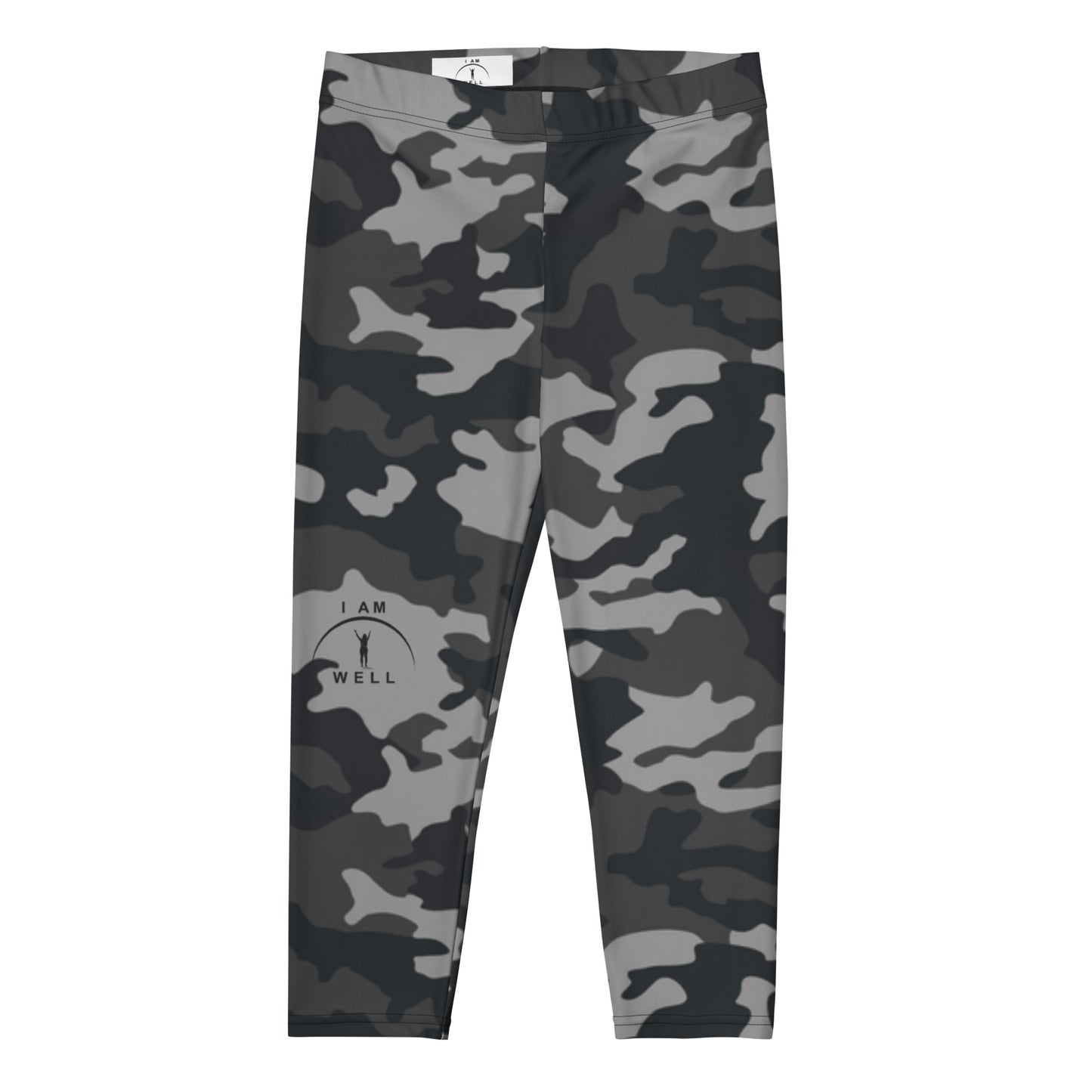 I AM WELL Women's Capri Leggings Grey Camo w/ Black Logo