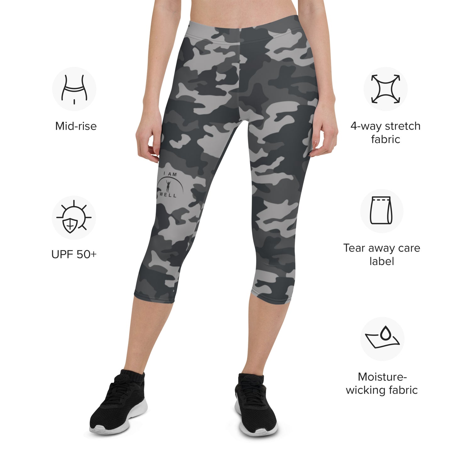 I AM WELL Women's Capri Leggings Grey Camo w/ Black Logo