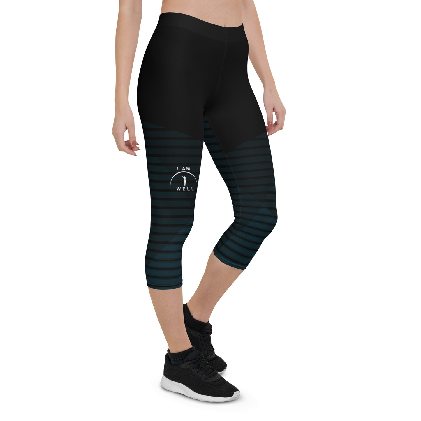 I AM WELL Women's Capri Leggings Black Pattern w/ White Logo