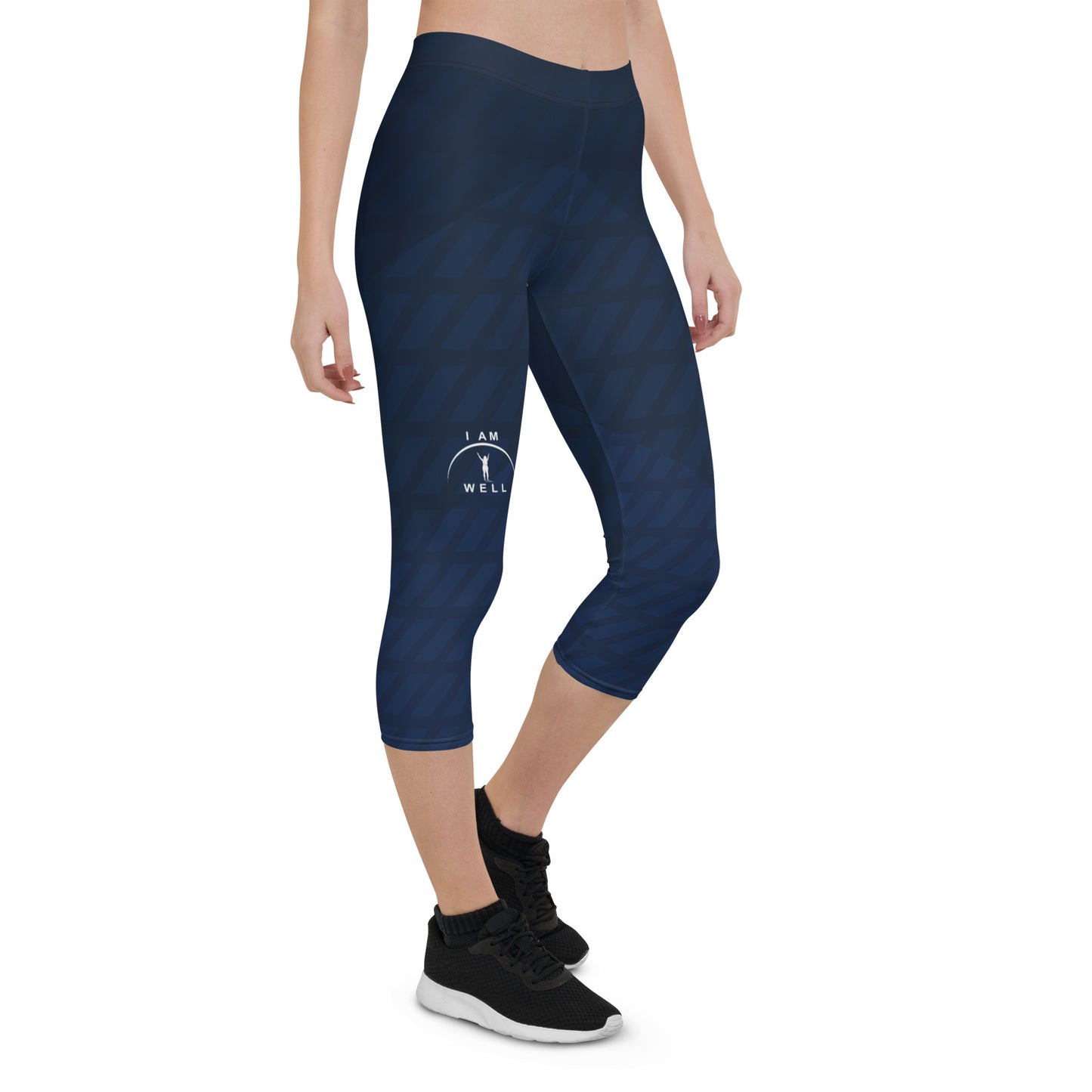 I AM WELL Women's Capri Leggings Navy Pattern w/ White Logo