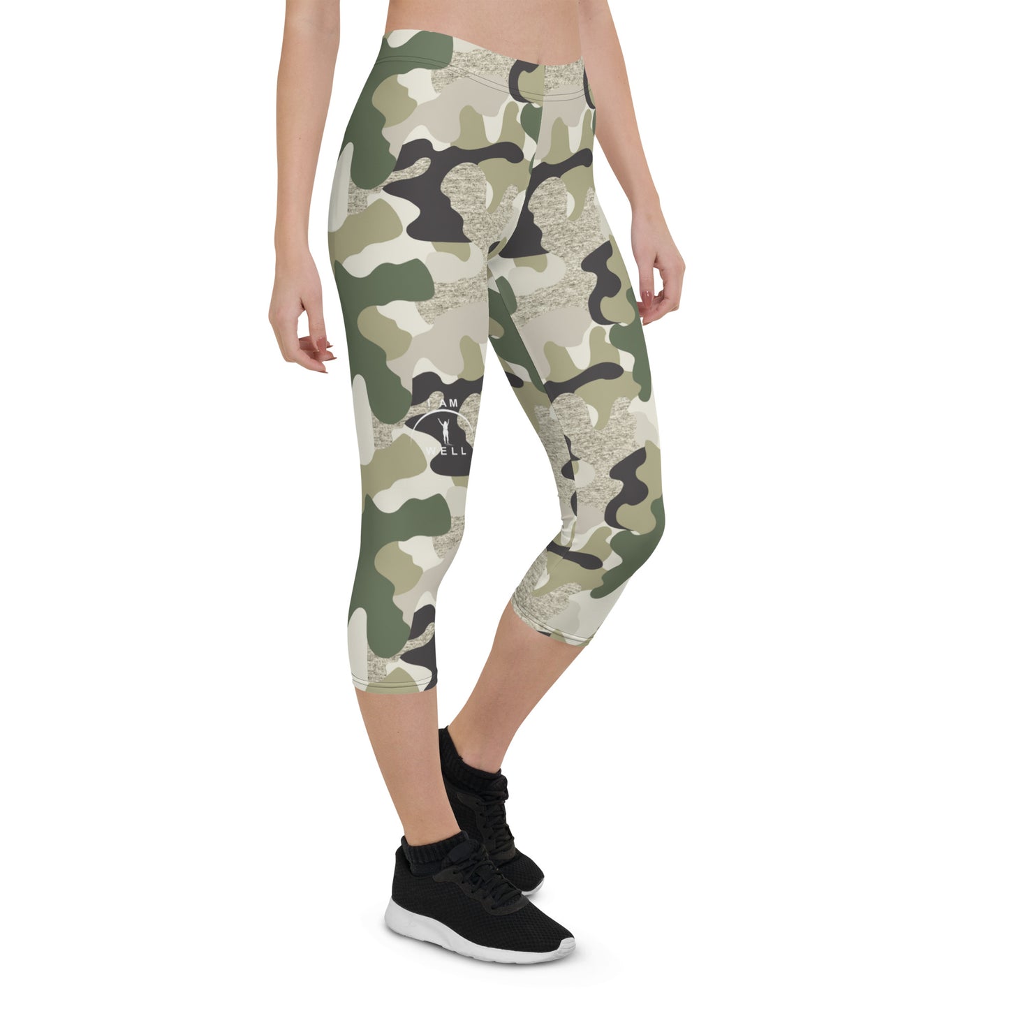 I AM WELL Women's Capri Leggings Green Camo w/ White Logo