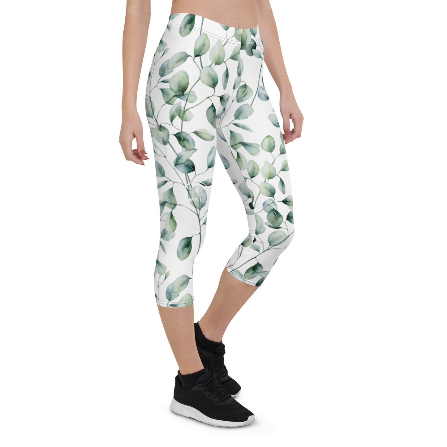 I AM WELL Women's Capri Leggings Green Leaves w/ White Logo