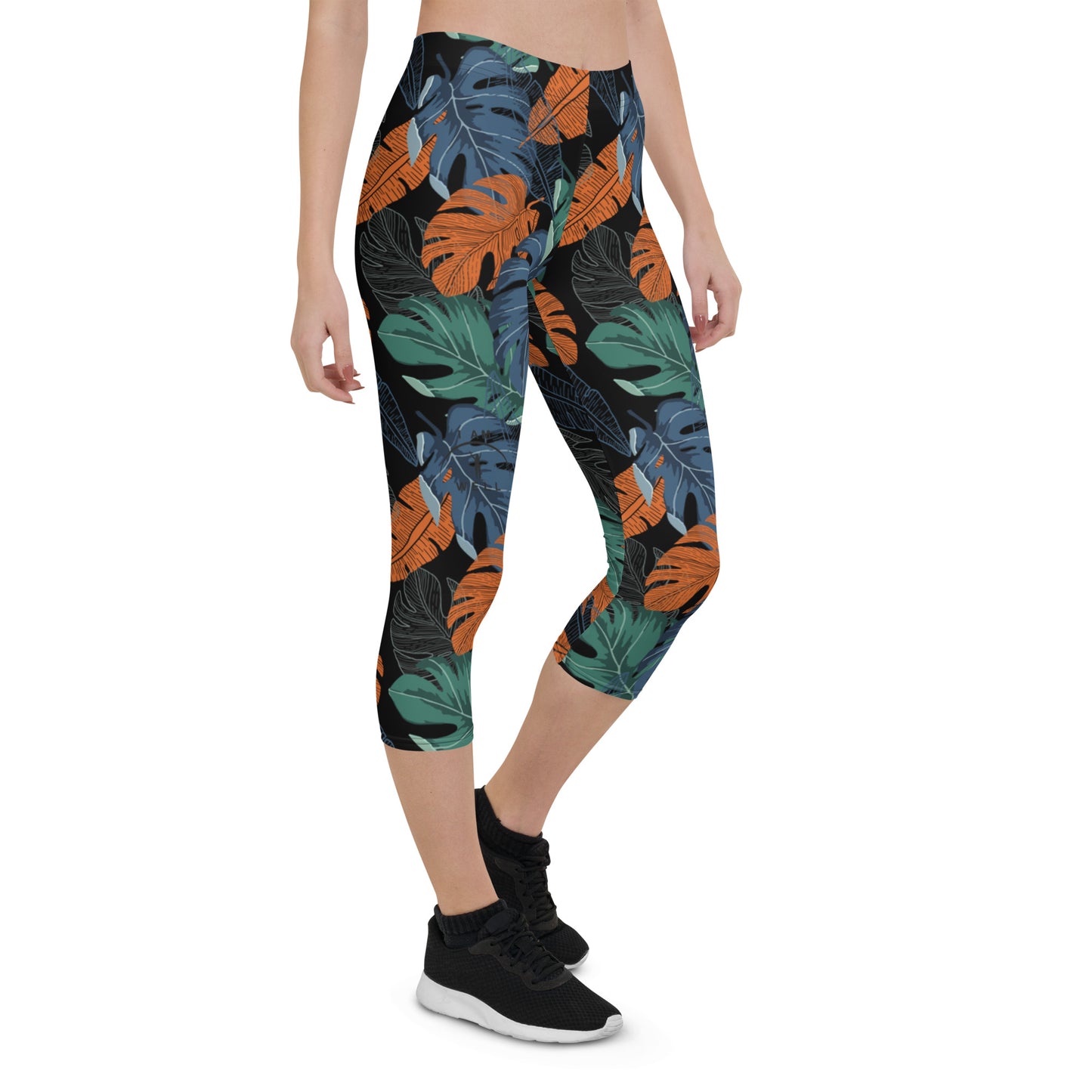 I AM WELL Women's Capri Leggings Tropical Leaves w/ Black Logo