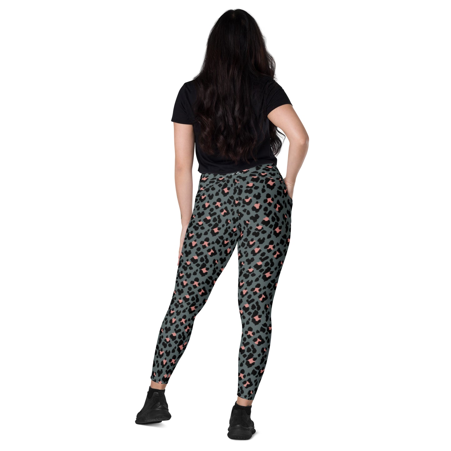 I AM WELL Women's Crossover Leggings with Pockets Cheetah w/ White Logo