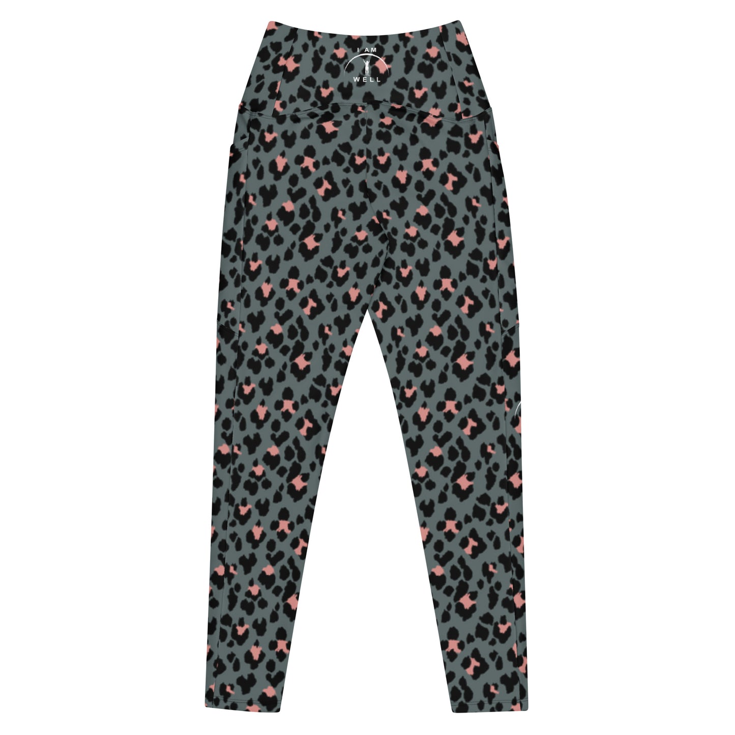 I AM WELL Women's Crossover Leggings with Pockets Cheetah w/ White Logo