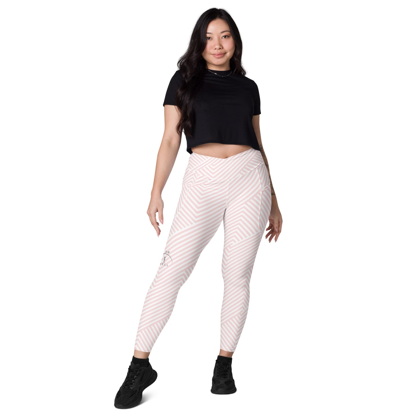 I AM WELL Women's Crossover Leggings with Pockets Pink w/ Grey Logo