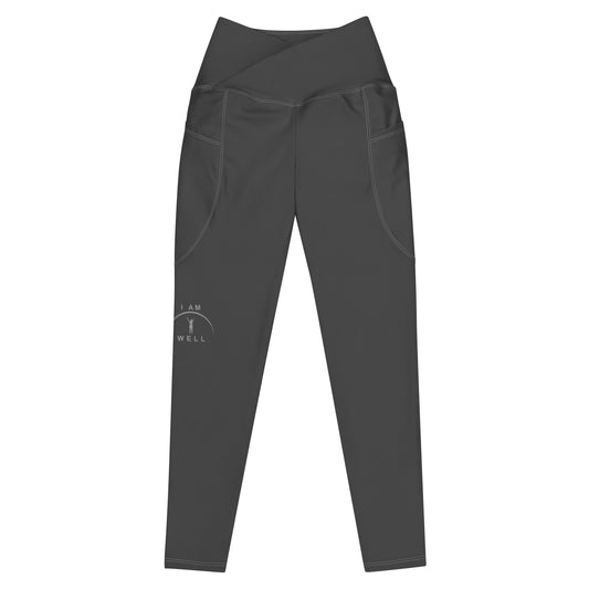 I AM WELL Women's Crossover Leggings with Pockets Grey w/ Grey Logo