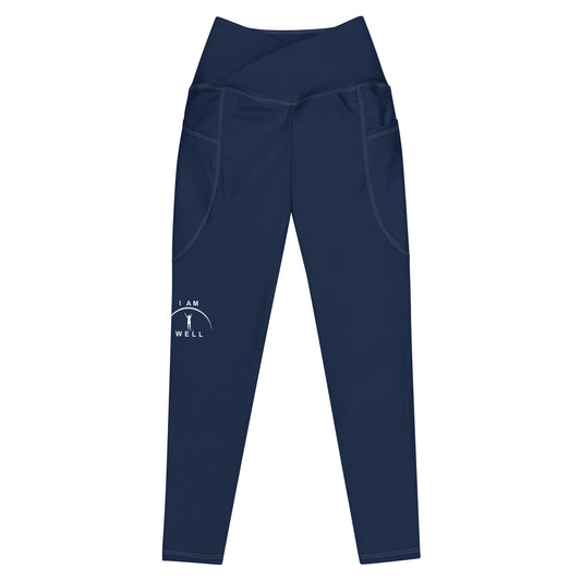 I AM WELL Women's Crossover Leggings with Pockets Navy w/ White Logo