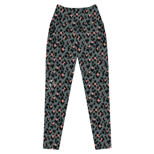 I AM WELL Women's Crossover Leggings with Pockets Cheetah w/ White Logo