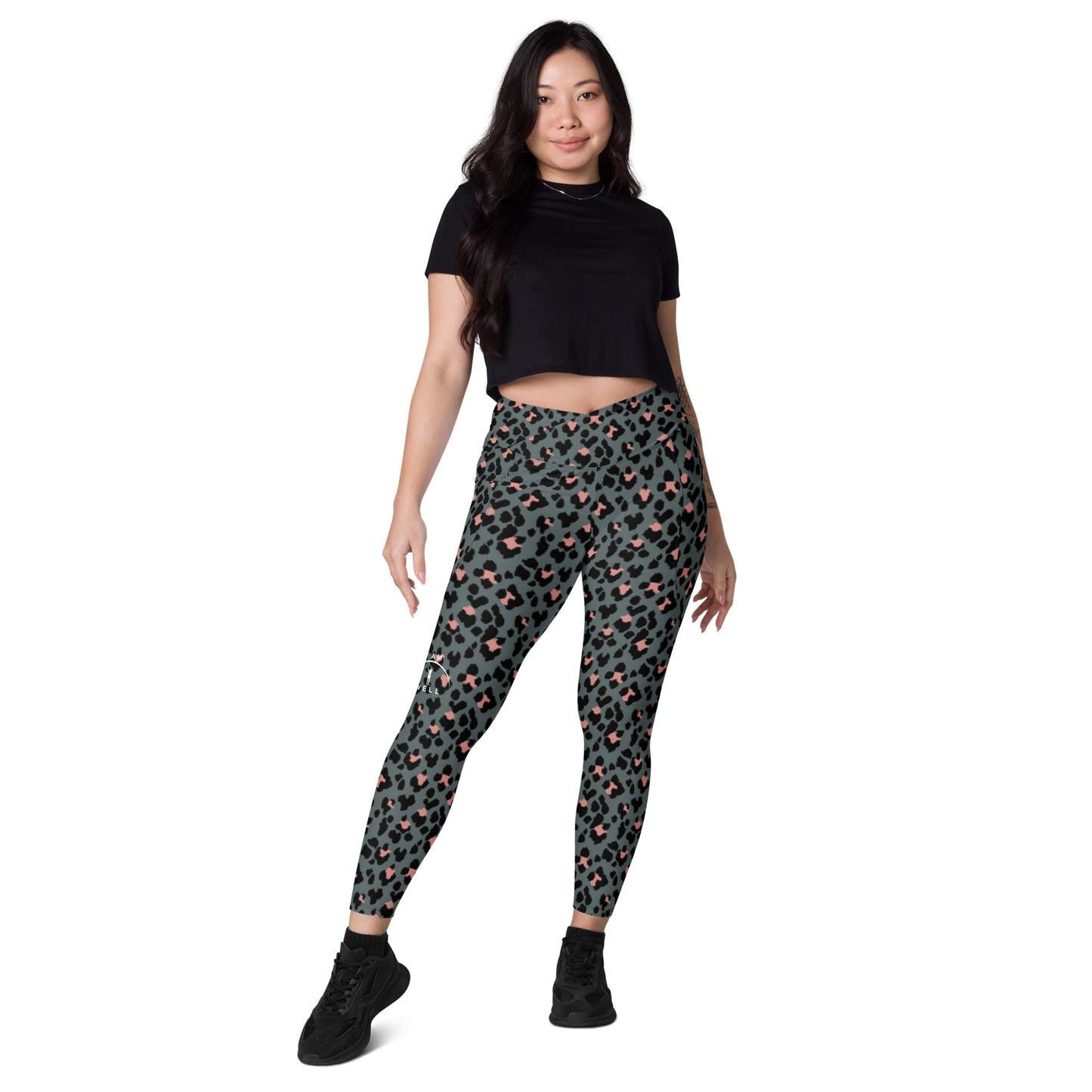 I AM WELL Women's Crossover Leggings with Pockets Cheetah w/ White Logo