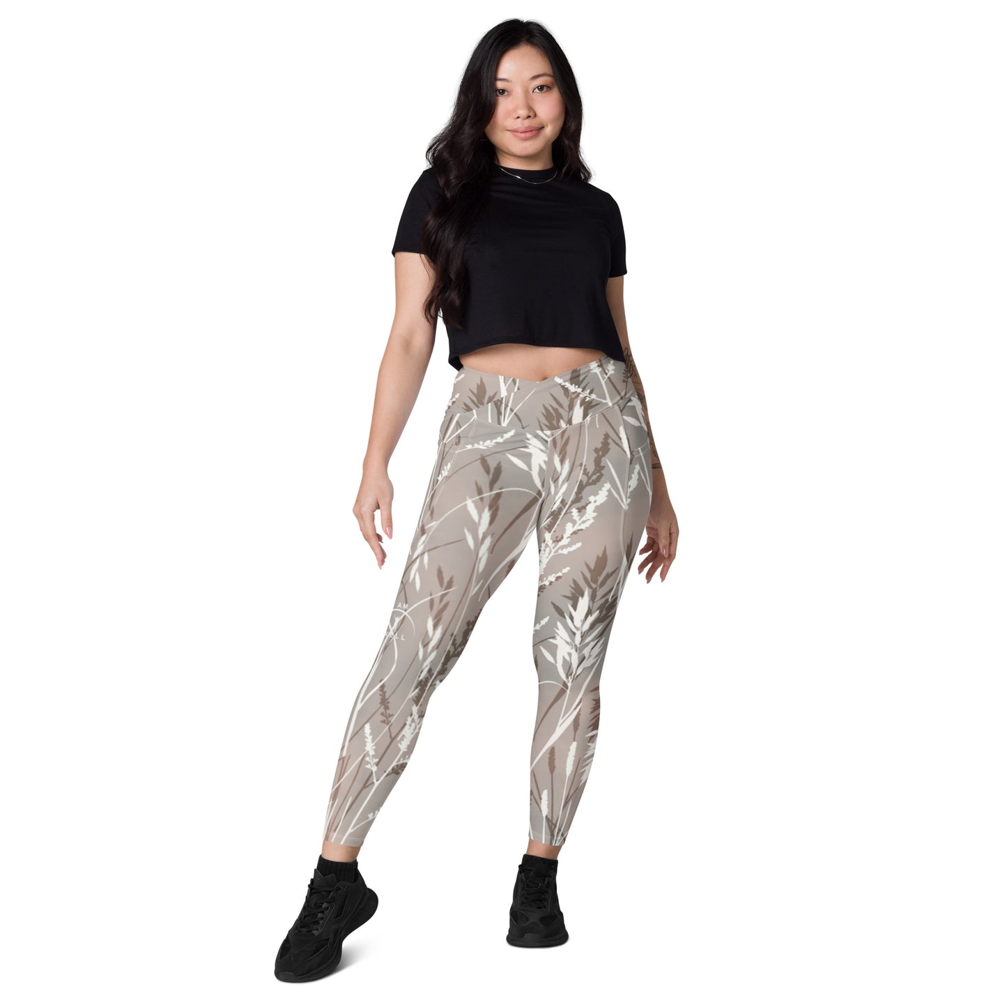 I AM WELL Women's Crossover Leggings with Pockets Natural w/ White Logo