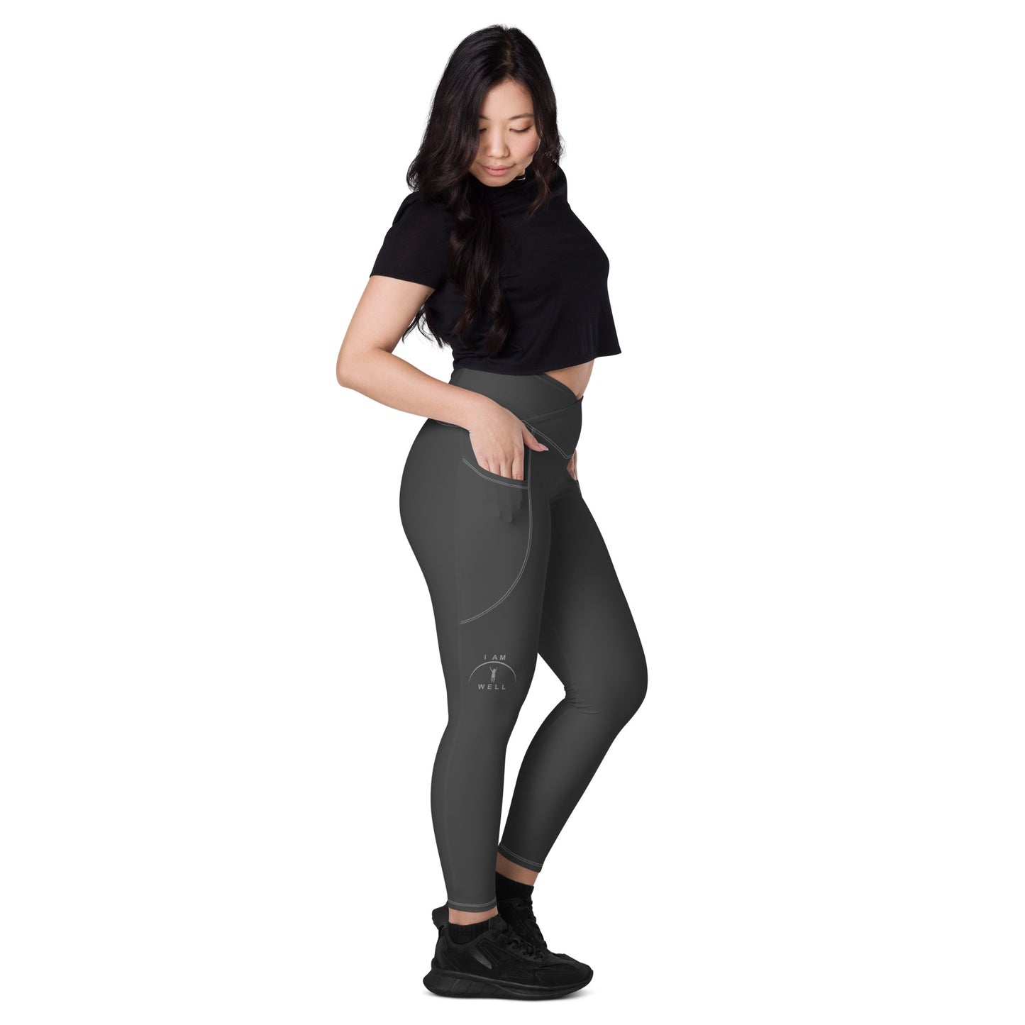 I AM WELL Women's Crossover Leggings with Pockets Grey w/ Grey Logo