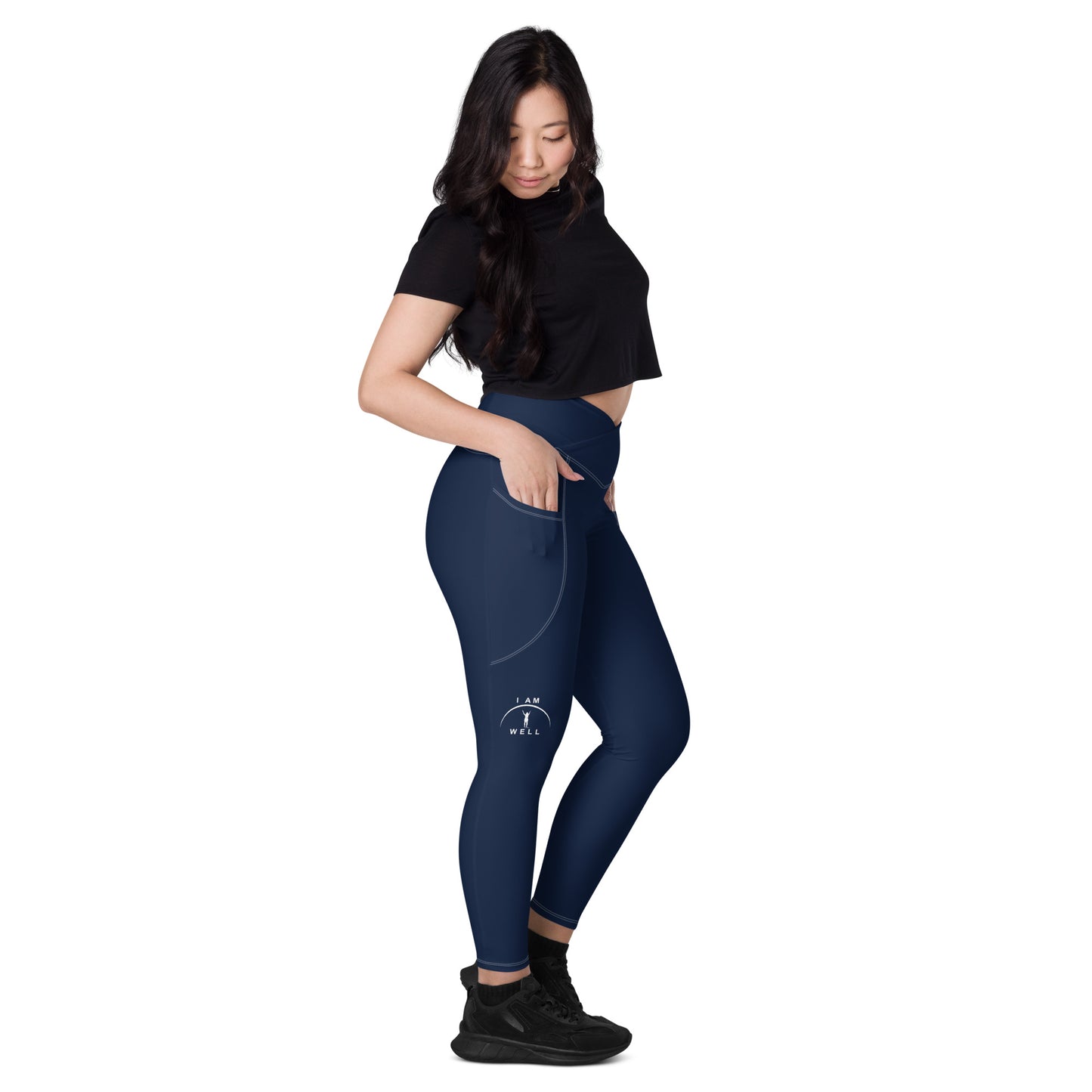 I AM WELL Women's Crossover Leggings with Pockets Navy w/ White Logo