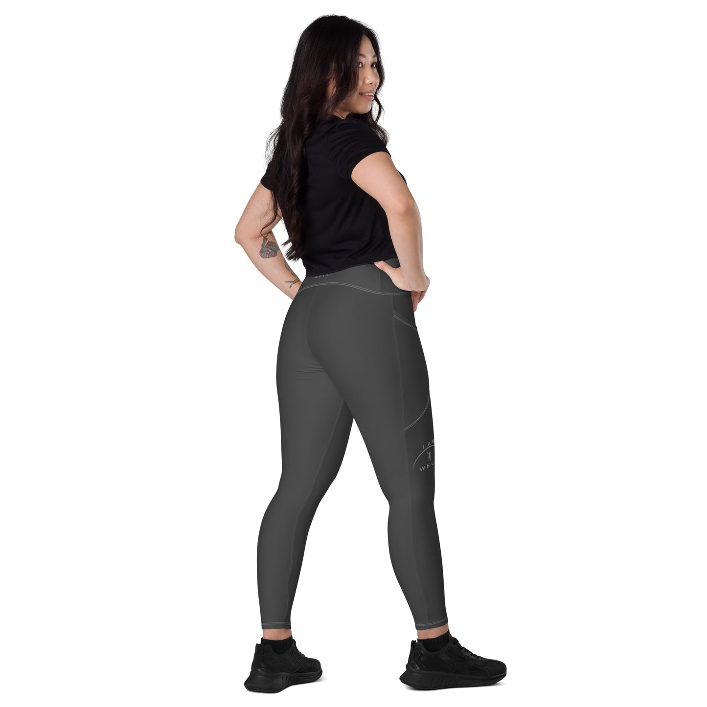 I AM WELL Women's Crossover Leggings with Pockets Grey w/ Grey Logo