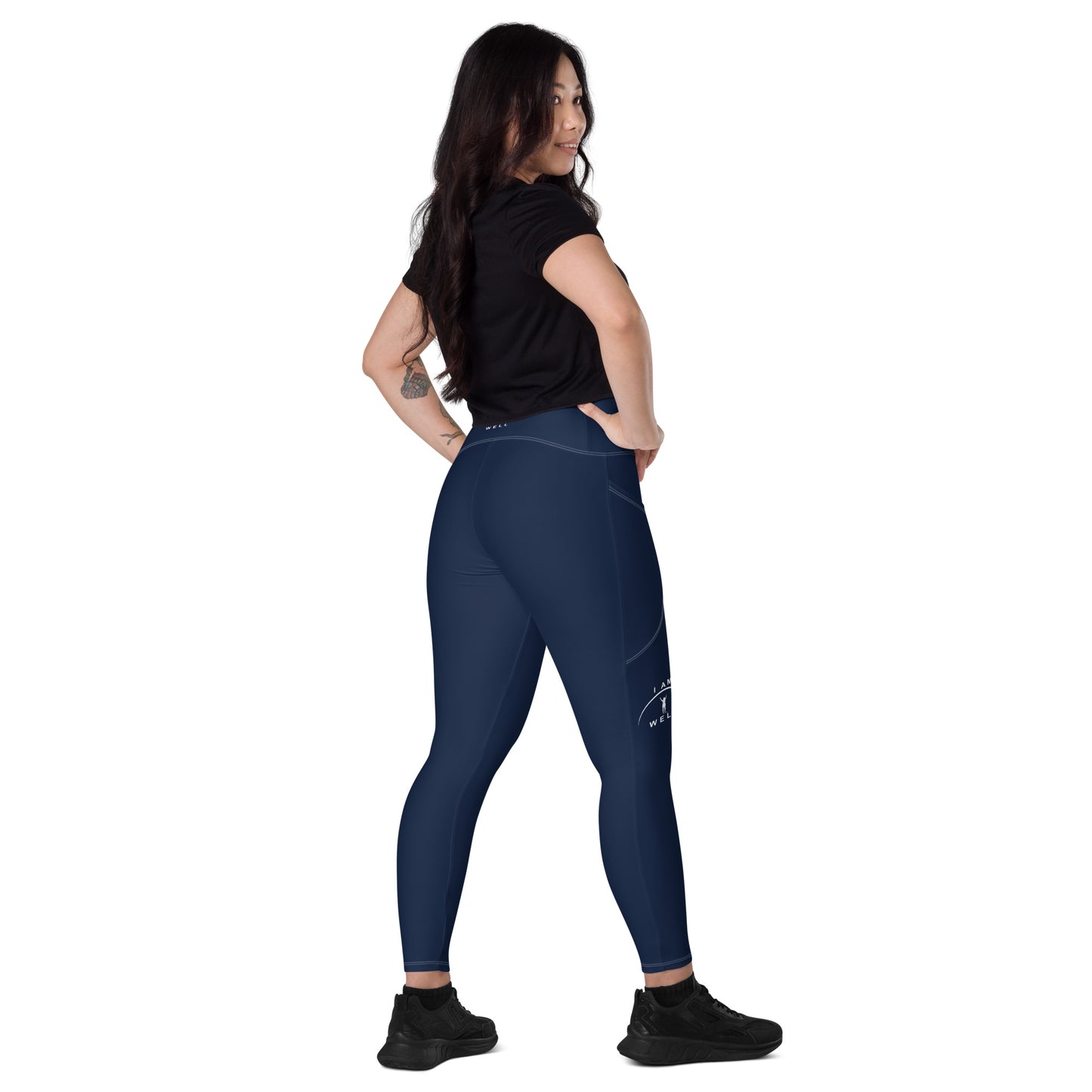 I AM WELL Women's Crossover Leggings with Pockets Navy w/ White Logo