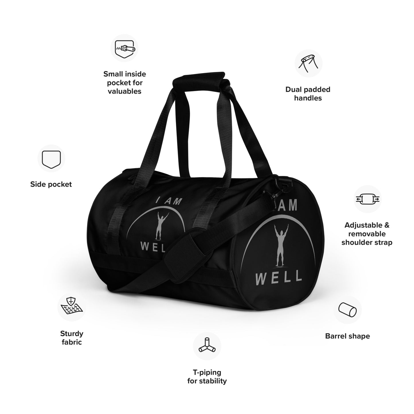 I AM WELL Men's Gym Bag - Black w/ Grey Logo & Eccles. 9:10