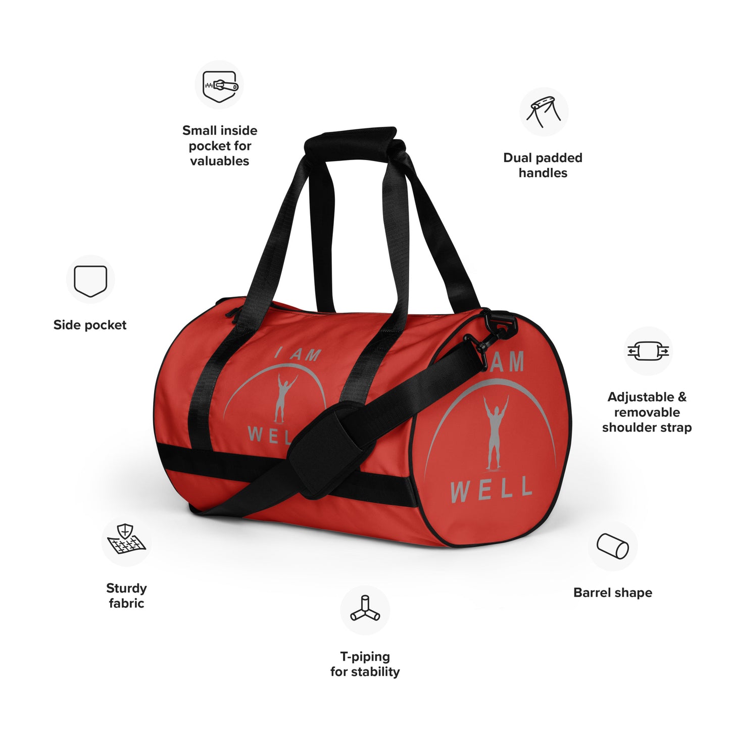 I AM WELL Men's Gym Bag - Red w/ Grey Logo & Eccles. 9:10