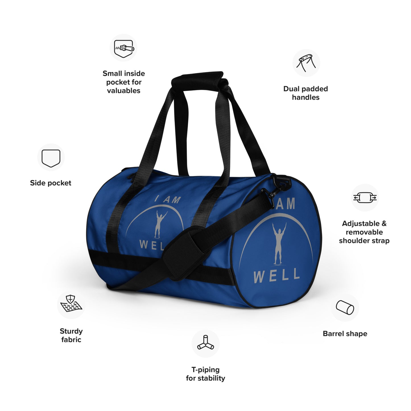 I AM WELL Men's Gym Bag - Blue w/ Grey Logo & Eccles. 9:10