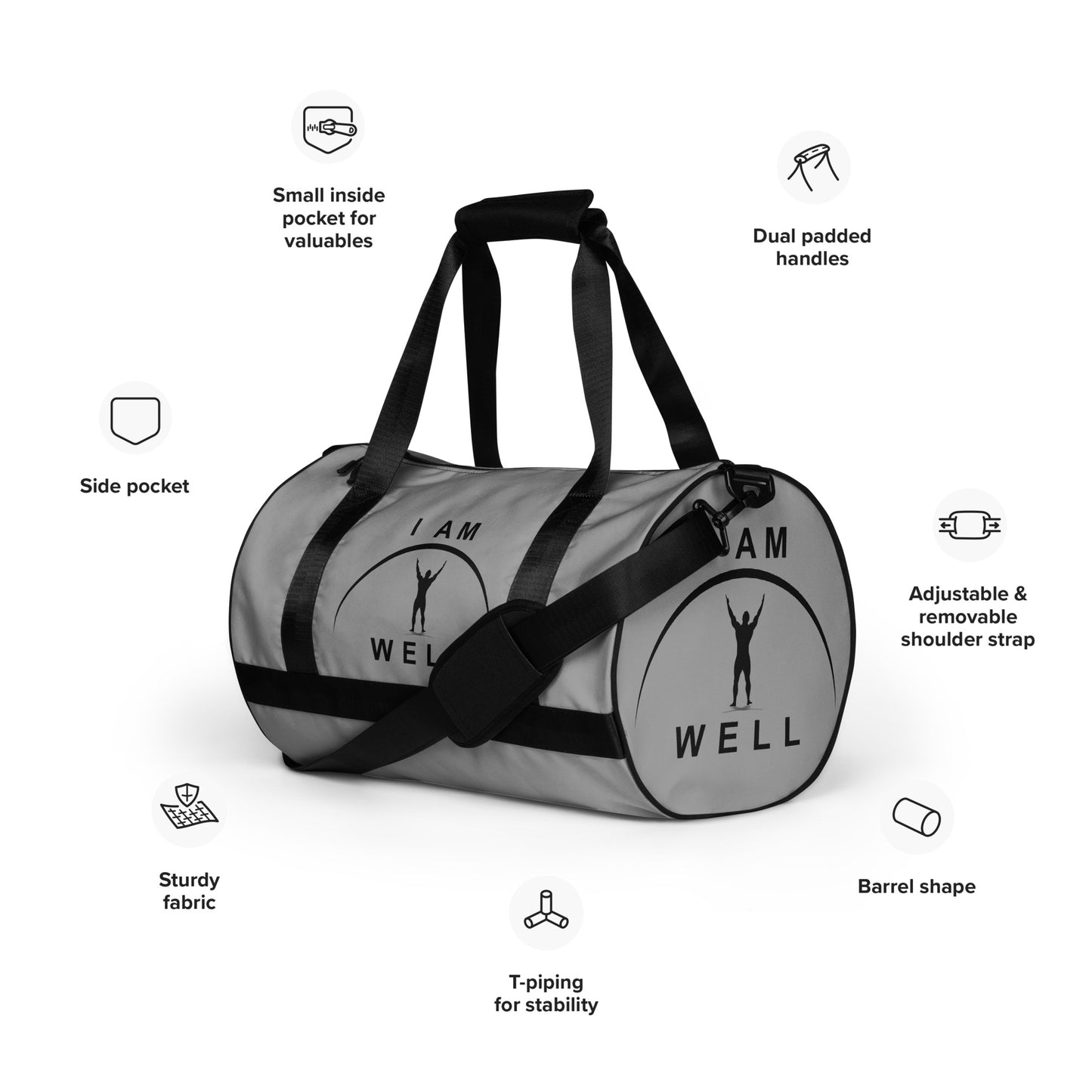 I AM WELL Men's Gym Bag - Grey w/ Black Logo & Eccles. 9:10