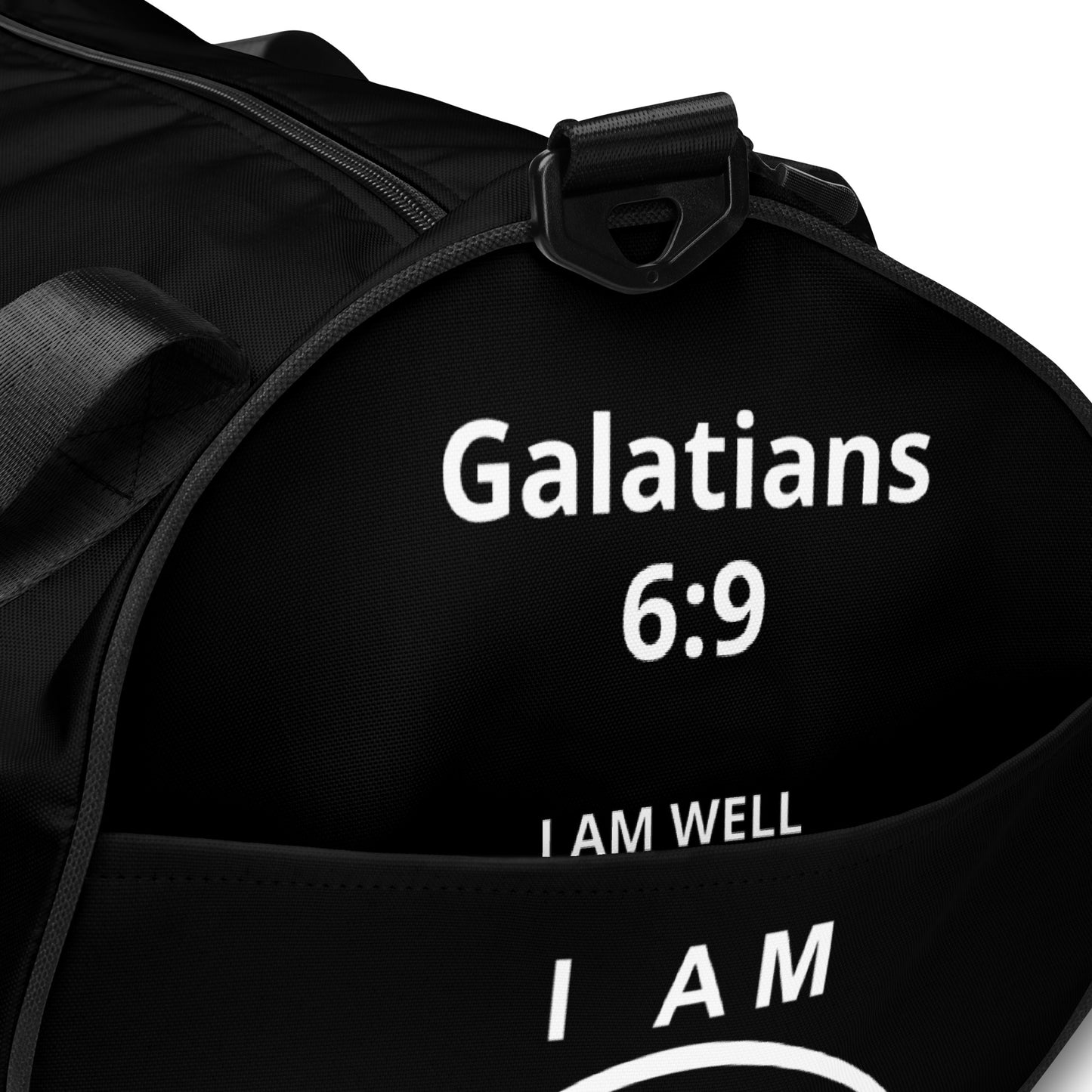 I AM WELL Women's Gym Bag - Black w/ White Logo & Galatians 6:9